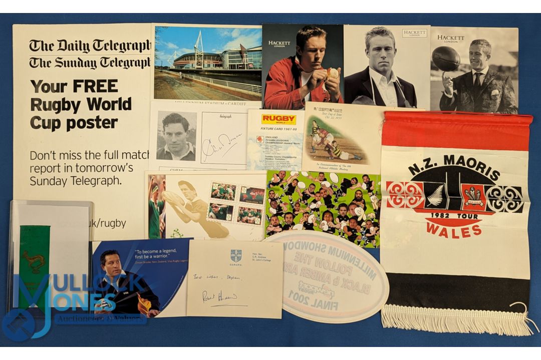 Rugby Pot-Pourri (Qty): Green silk lapel ribbon with 'Bok, 1970 Rugby, NZ in SA, 5" x 1.5"; FDC,