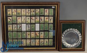Chinese Cigarette Football Cards: framed and mounted under glass, plus a stainless-steel salver 1998