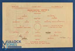 1944/45 Manchester Utd v Stoke City War League north single sheet match programme; neat team