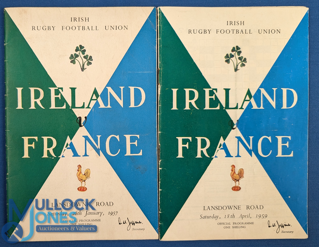 1957 & 59 Ireland v France Rugby Programmes (2): Standard packed Dublin issues. Both VG