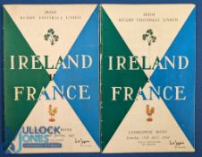 1957 & 59 Ireland v France Rugby Programmes (2): Standard packed Dublin issues. Both VG