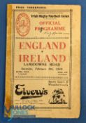 1930 Ireland v England Rugby Programme: 20pp Dublin example, worn, taped & marked in parts but