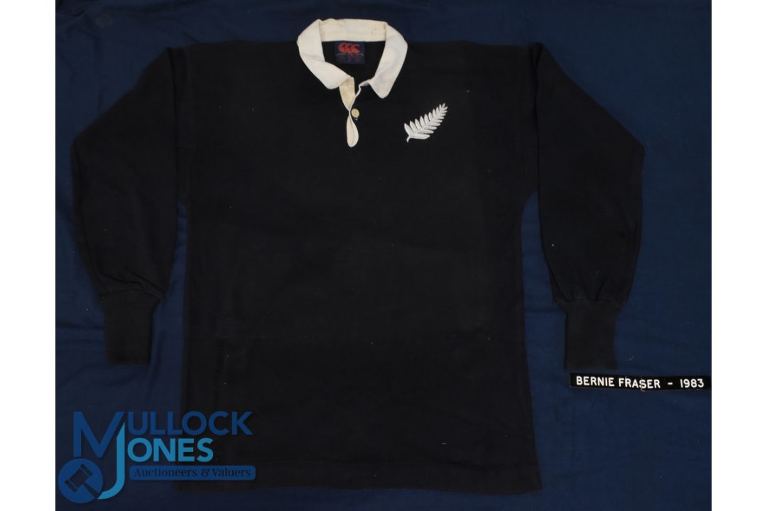 1983 Bernie Fraser's Match worn NZ All Blacks Rugby Jersey: Classic unadorned black, silver fern - Image 1 of 2