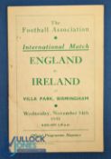 1951 England v Ireland international programme at Birmingham 14 November 1951, no writing; fair/