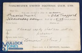 Pre-WW1 Manchester United Football Club Ltd player selection card for the Practice Match at Old