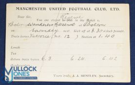 Pre-WW1 Manchester United Football Club Ltd player selection card for the match v Bolton Wanderers