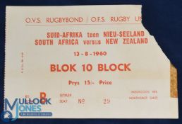 1960 NZ All Blacks Rugby Tour Test Match Ticket: Stand ticket for the 13/08/60 test at Bloemfontein.