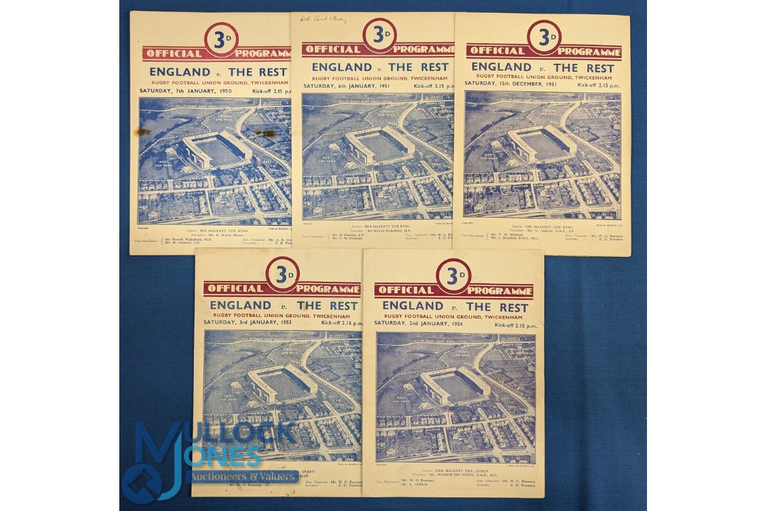 1950, 1951, 1953 & 1954 England Rugby Final Trial Programmes (4): Twickers 4pp cards, some marks/
