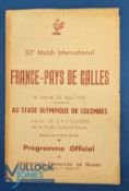 Scarce 1957 France v Wales Rugby Programme: A tad browned to spine, splitting there and slight