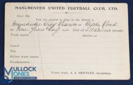 Pre-WW1 Manchester United Football Club Ltd player selection card for the match at Hyde Road, v