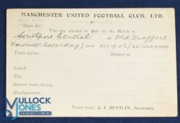 Pre-WW1 Manchester United Football Club Ltd player selection card for the match at Old Trafford v