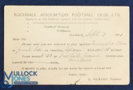 1921 Rochdale AFC Ltd player selection card for the away match v Lancaster Town at Giant Axe