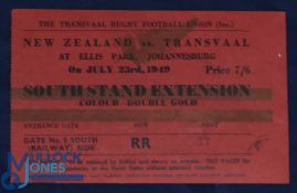 1949 NZ All Blacks Rugby in SA Ticket v Transvaal: Large red & gold South Stand Extension ticket for
