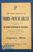 Scarce 1953 France v Wales Rugby Programme: Autographed by many players from both sides, lovely