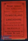 1923 Cumberland R League Programme: v Lancashire at Whitehaven. Lovely fixture-card sized issue,