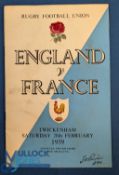1959 England France Rugby Programme: Traditional Twickenham issue. G/VG