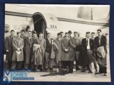 1954 England 'B' black & white photograph of team and officials grouped together in front of the BEA