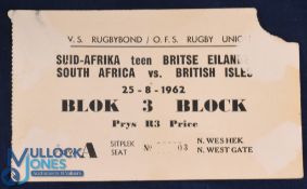 1962 British & I Lions v SA 4th Test Rugby Ticket: Cream issue with black print, ground ticket,