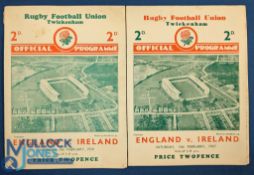 1937 & 39 England v Ireland Rugby Programmes: The traditional Twickers 4pp cards, the latter the