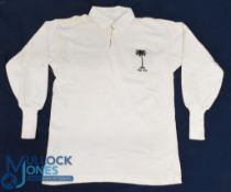 1974 Fiji Match-Prepared Rugby Jersey: Simple white with black palm tree motif and 'Fiji RU'