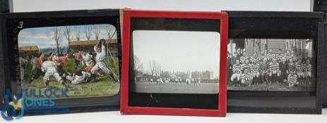 Rugby & Soccer Magic Lantern Slides (3): Old glass 'positives' slides, approx 10cm x 8cm, two b/w