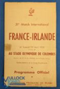 Scarce 1958 France v Ireland Rugby Programme: Slightly trimmed, small spine tape and scores. F/G