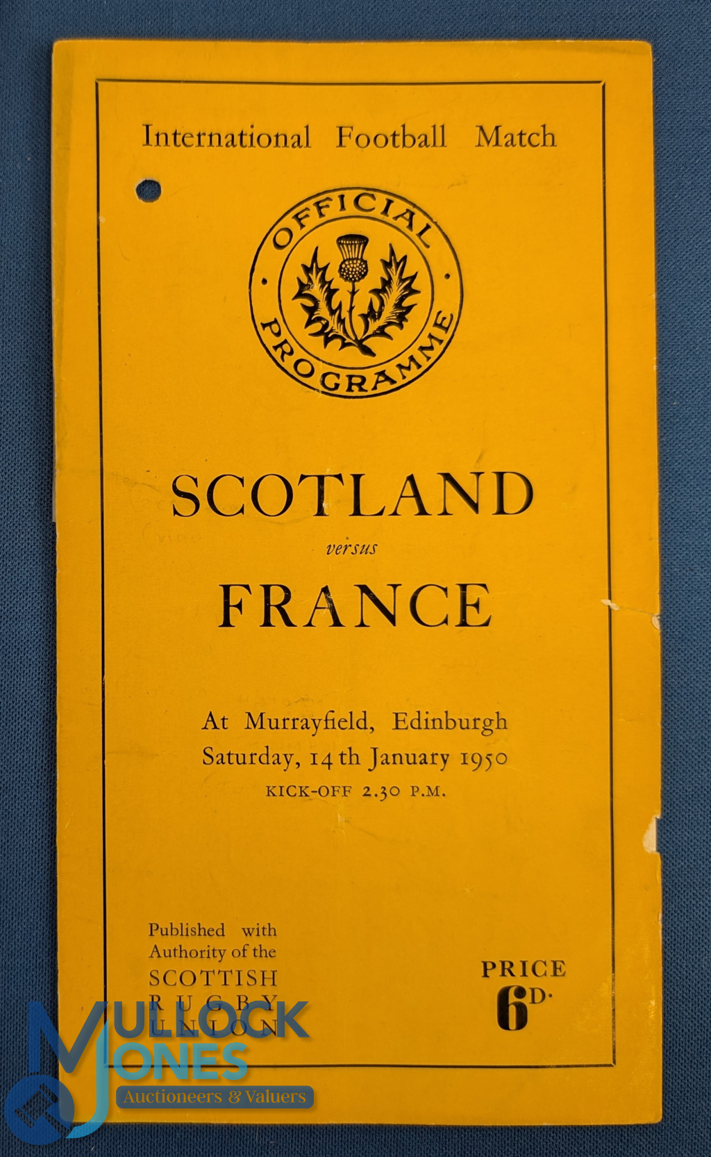 1950 Scotland v France Rugby Programme: One clean p/hole and, like a valuable Penny Black (?!), it