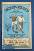 1930 England v Scotland international match programme at Wembley 5 April 1930, team changes; has