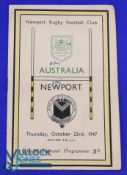 Newport v Australia 1947 Rugby Programme: 8pp example from the Wallabies visit, score to front but