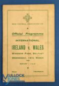 Pre-War 1938 official international match programme Ireland v Wales at Windsor Park, Belfast,
