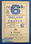 1951 Ireland v France Rugby Programme: Ireland won the title that season, and this game 9-8. G/VG