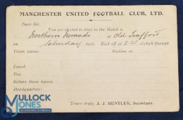 Pre-WW1 Manchester United Football Club Ltd player selection card for match at Old Trafford v