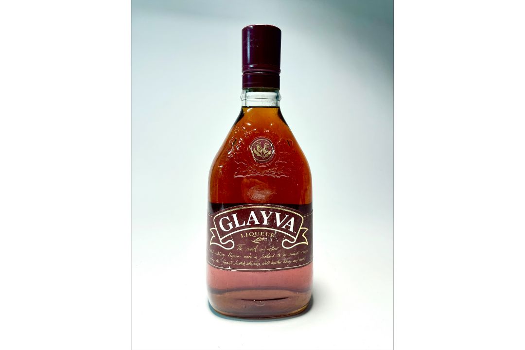 A bottle of Glayva Liqueur, “The Smooth Liqueur from Scotland,” produced and bottled in Scotland