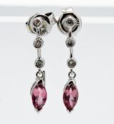 A pair of tourmaline and diamond drop earrings, set in 9ct white gold.