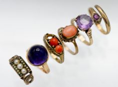 Five 9ct yellow gold dress rings, approx. 15g together with an unmarked antique seed pearl ring (