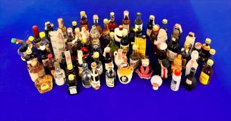 A large collection of miniature bottles, to include sixty-one glass and ceramic bottles, both