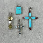 Two modern silver stone set crosses and two similar pendants (4).