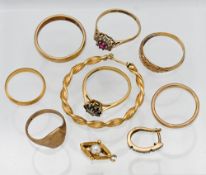 A mixed collection of 9ct gold to include band rings, earring etc approx. 17.7g together with a 18ct