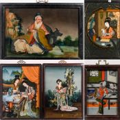 Five reverse glass paintings, 20th century, of various sizes including a pair of scenes of ladies,