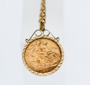 An Edward VII gold sovereign dated 1905, mounted and on chain, total weight approx. 15.1g