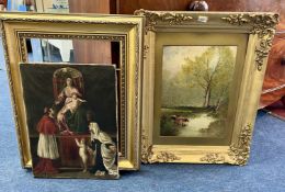 A religious subject oil on canvas painting in gilt frame together with F. Dingle oil on board '