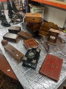 A collection of Victorian and later boxes including a rosewood writing box, stationary box, oak desk