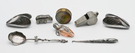 Collection of various items and white metal objects including silver mounted button hook, whistle,