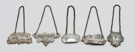 Four silver decanter labels including two Sherry's and Madeira by George Unite (5) approx. 1.53oz