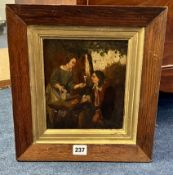 A 19th century painting in the Dutch manner, oil on board, Figures in a Tavern, oak frame, overall