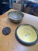 A Chinese carved wood stand, diameter 10cm, a circular lacquered and gilt bowl signed Taimi & Co