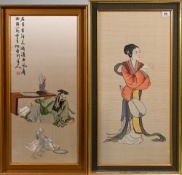 Two pictures comprising; embroidered scene of scholar and geese with an inscription 76 by 39cm;