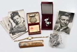 Various items including silver charm bracelet, postcards, 1935 boxed crown, silver opal modern