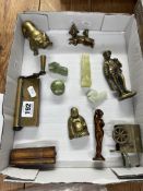 Various ornaments, three 20th century small Jade? carvings, miniature figures, novelty coffin box,