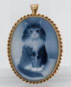 A 9ct gold Cat cameo (hardstone) brooch/pendant, approx. 11g.